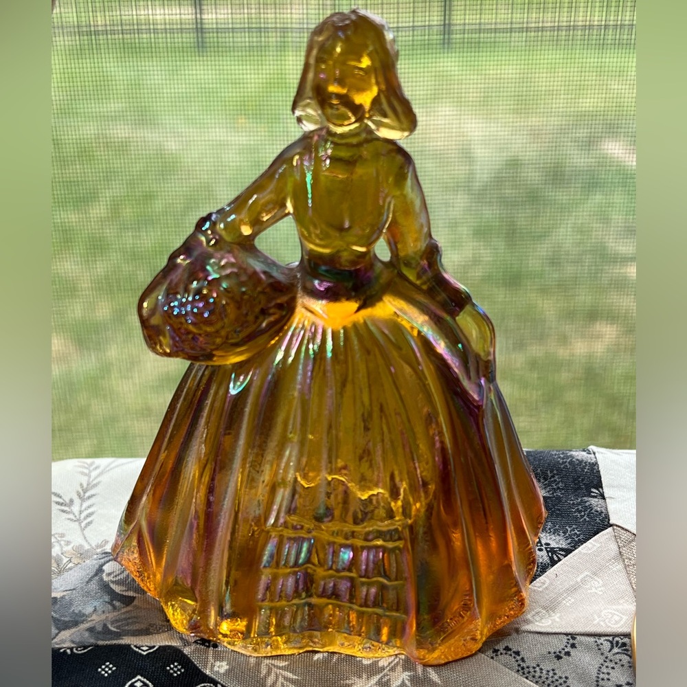 Vintage Fenton carnival iridescent amber glass Victorian southern bell lady